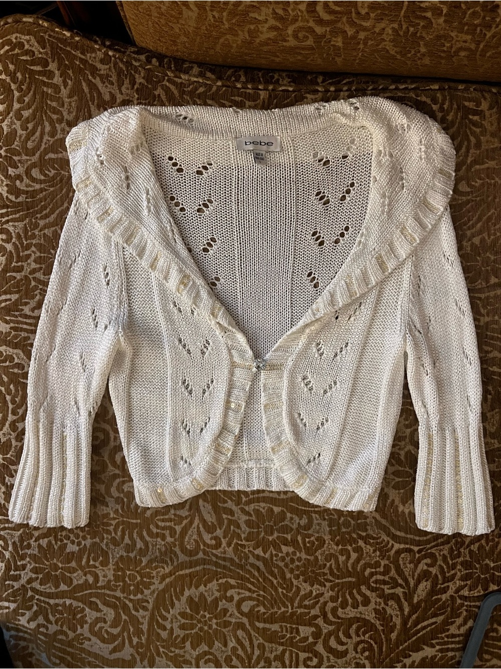 bebe Cream Open-Knit Ruffle-Trim Cropped Cardigan - Picture 12 of 12